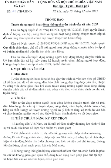 thông báo tuyển dụng người hoạt động không chuyên trách cấp xã