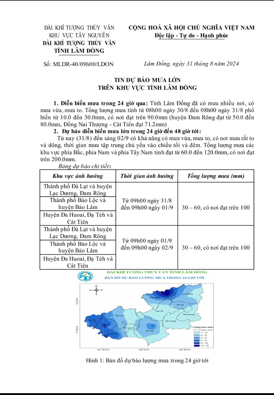 Tin cảnh báo mưa lớn trên địa bàn tỉnh Lâm Đồng